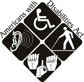 Americans with Disabilities Act. Four icons indicating deafness, blind, sign language, and a person in a wheelchair.