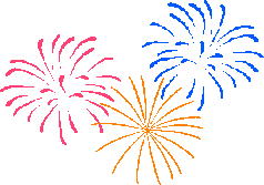 3 fireworks explosions, one red, one orange, one blue