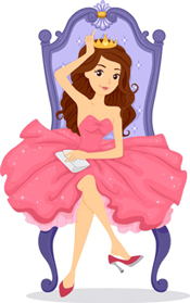 A drawing of a princess in a pink dress sitting on a purple throne.