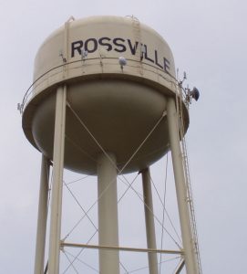 A water tower with the town name of Rossville